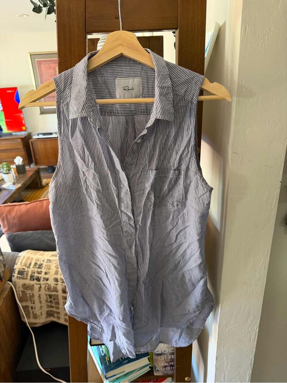 Rails Sleeveless Striped Button-Up Shirt in Blue and White